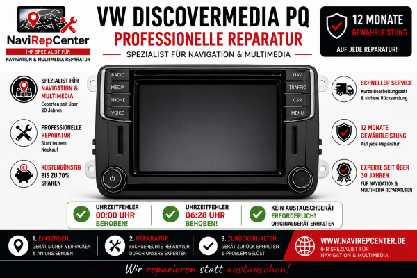 VW und Seat Discover Media PQ Reparatur – Uhrzeit Fehler 00:00 Uhr / 06:28 Uhr beheben